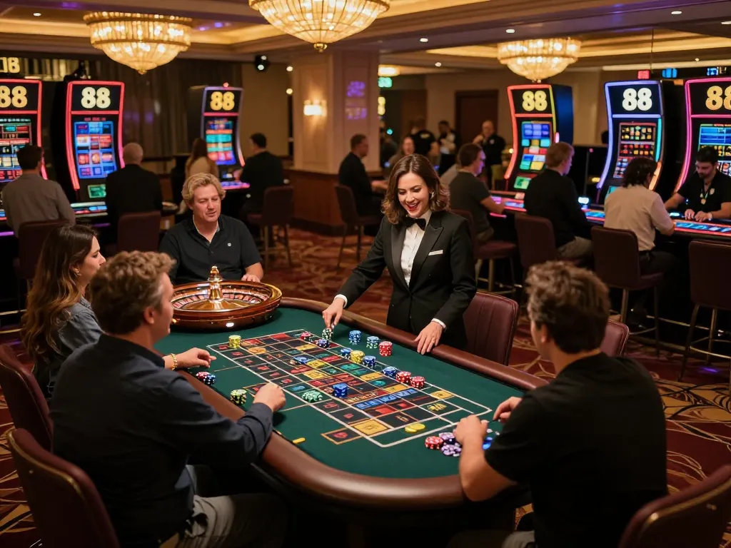 Players engaging in a lively roulette game at five88 casino, vibrant atmosphere filled with excitement.