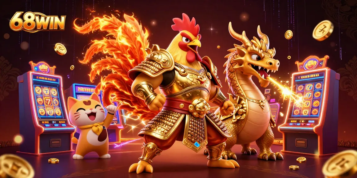 Spin the reels at 68WIN with a fierce rooster warrior, bringing luck to players!