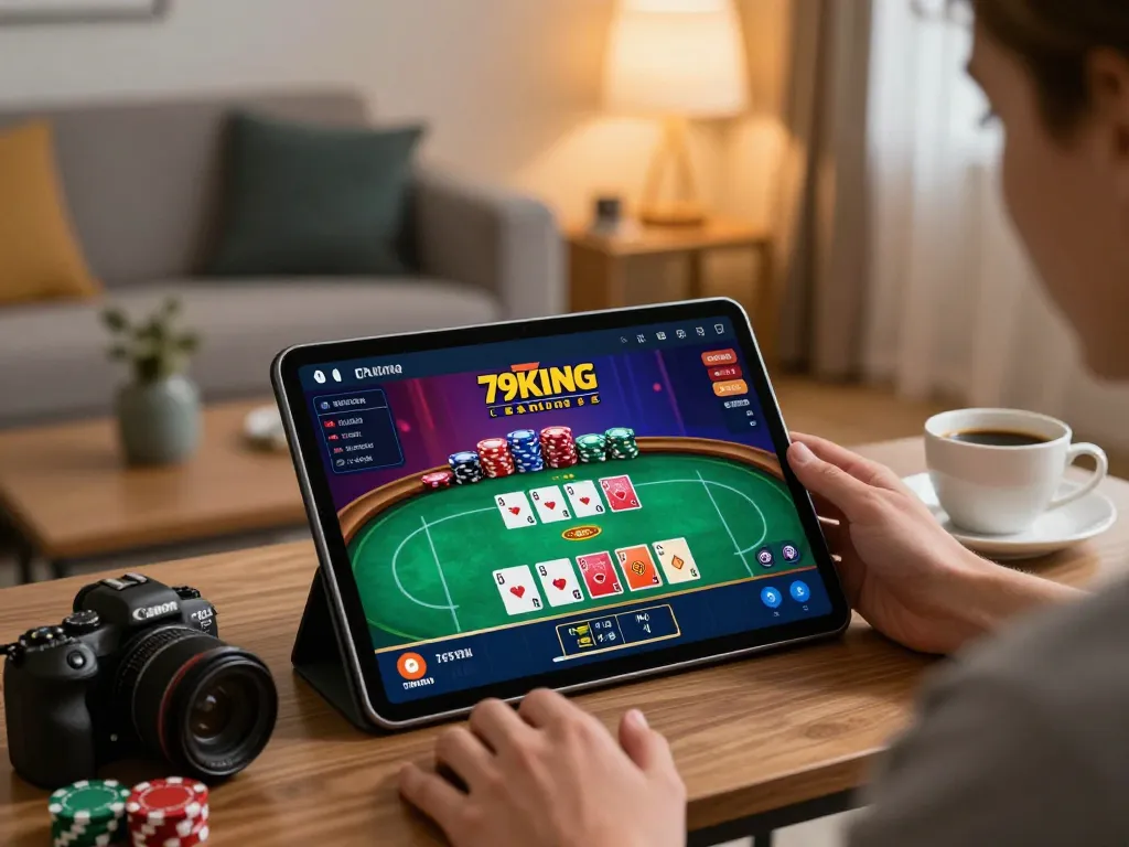 Engaging in high-stakes poker with the 79KING app on a tablet in a stylish home setting.