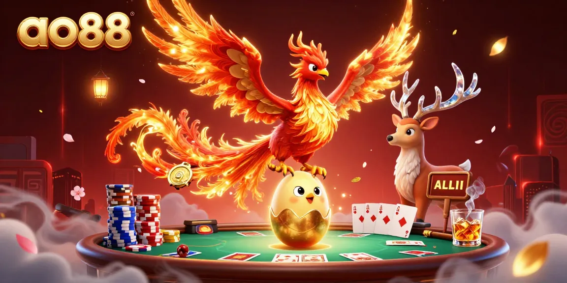 Join the excitement at ao88 with a dynamic poker scene featuring a phoenix, chips, and winning hands.