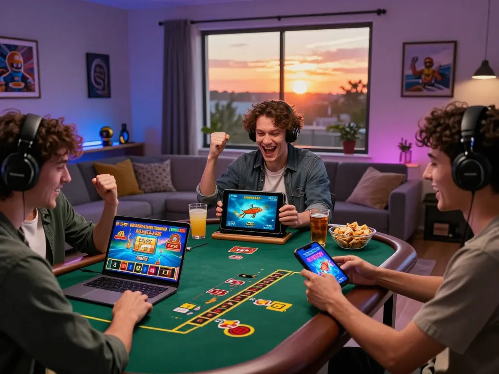 Players enjoying casino games on bem88, celebrating wins in a cozy gaming atmosphere.