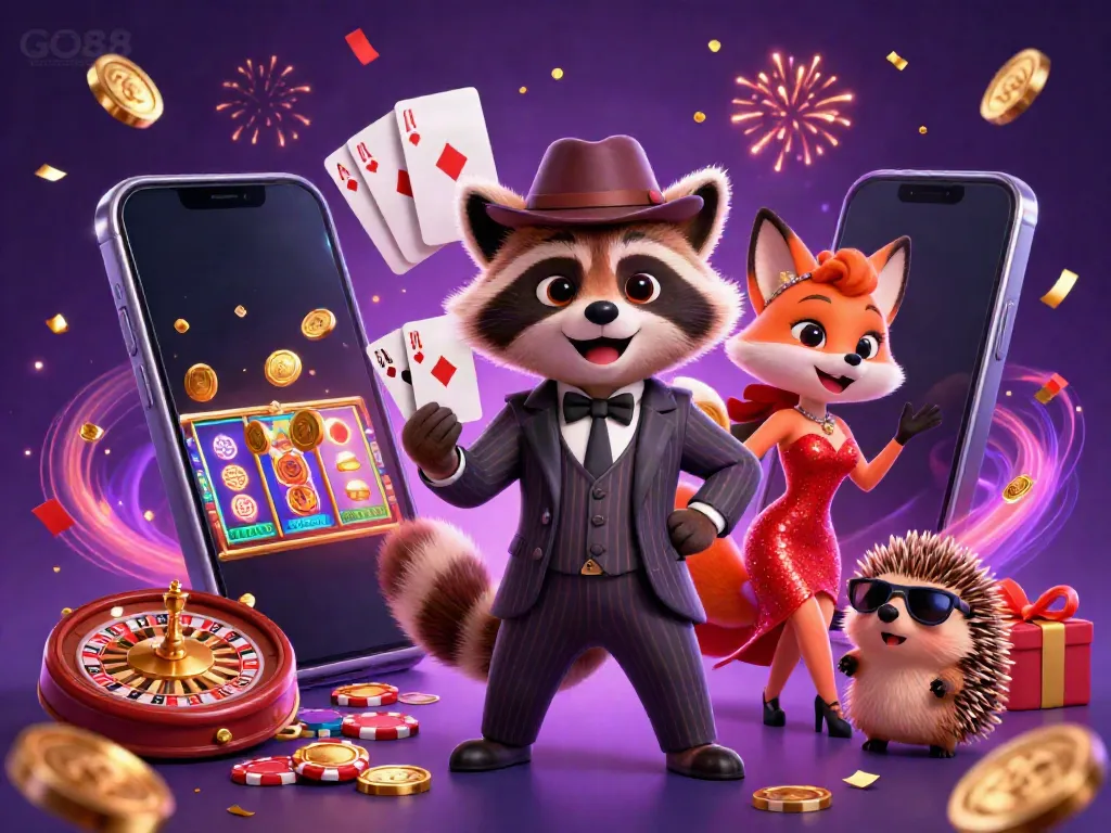 GO88 slot game themed illustration featuring a raccoon in a suit, a fox lady, and a hedgehog bouncer celebrating with games and confetti.