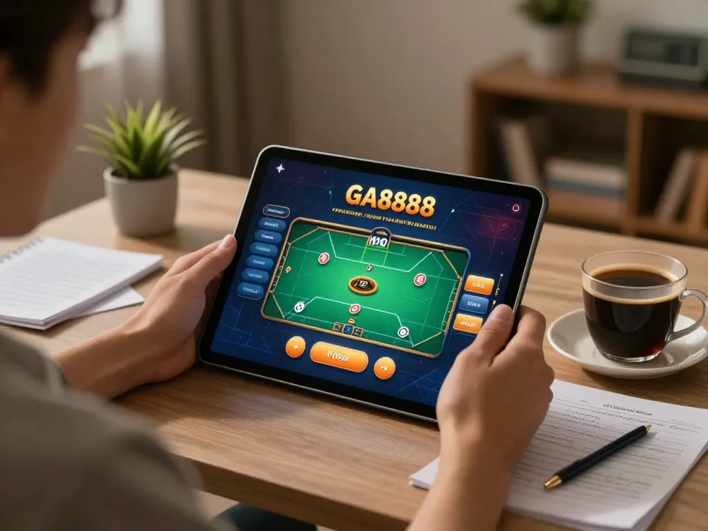 Player enjoying online poker on GA8888 tablet in a cozy living room setting.