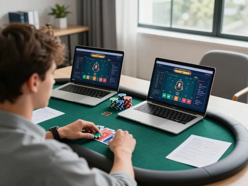 VA88 poker game strategy in a modern home office with focused player and betting notes.
