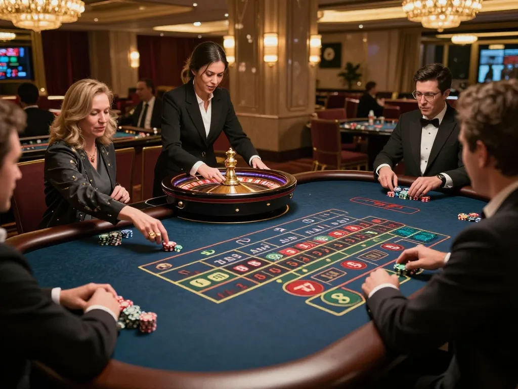 tg88 players placing bets at an elegant roulette table in a luxurious casino setting