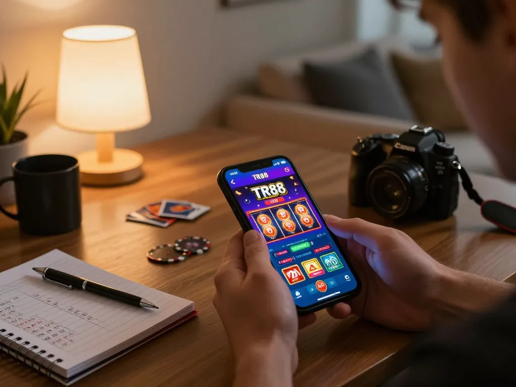 Player engaging with the TR88 casino app on smartphone showing vibrant game interface and strategic notes.