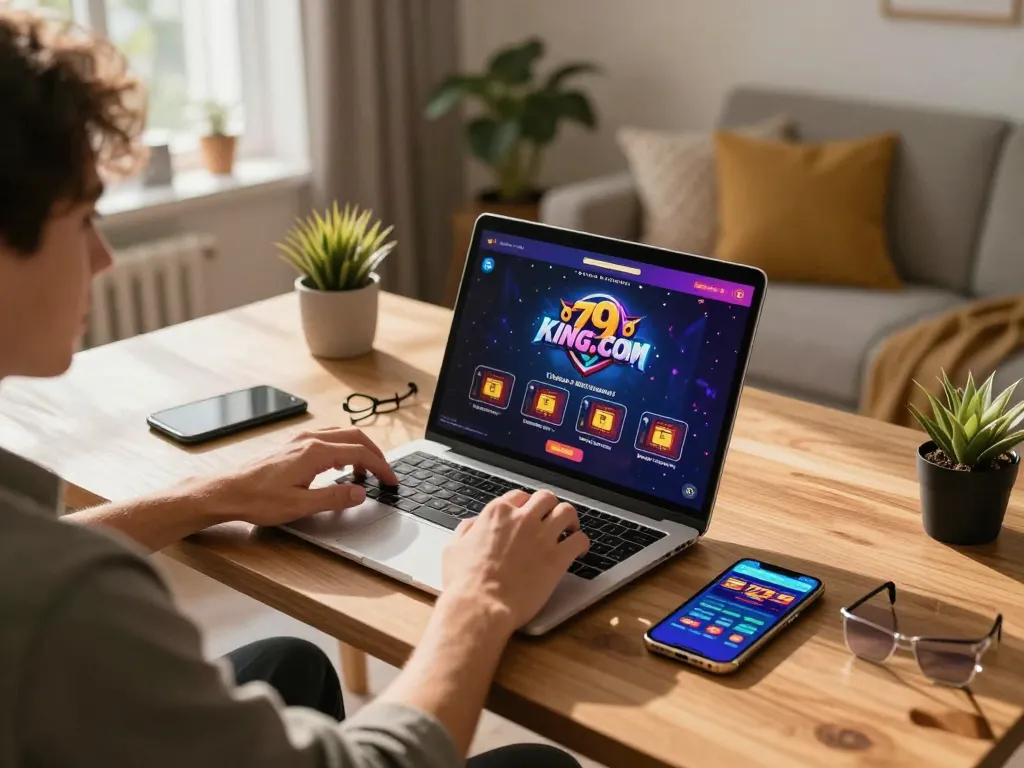 Online gaming player enjoying a session on 79king.com with laptop and betting app on the table.