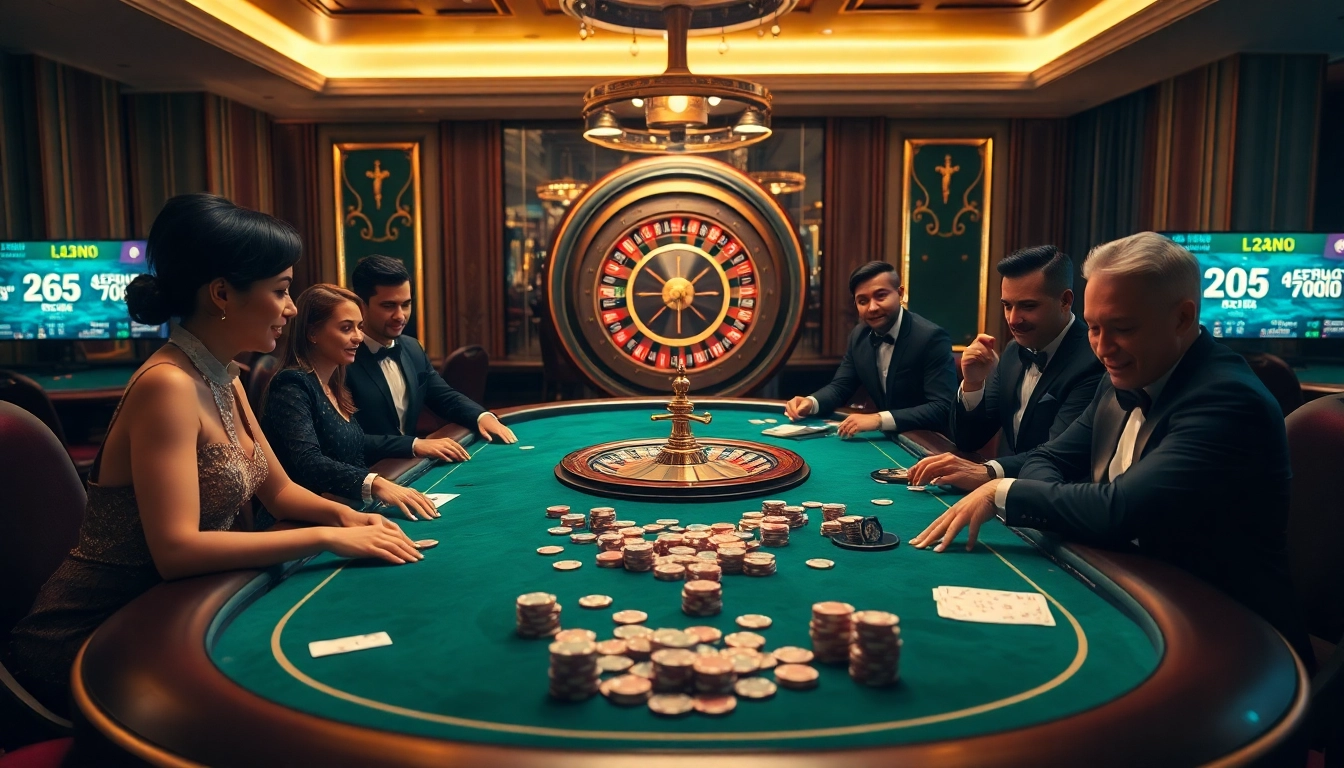 A luxurious casino scene featuring a poker table with live betting from https://luongsontv5.com/, showcasing intense players and a roulette wheel.