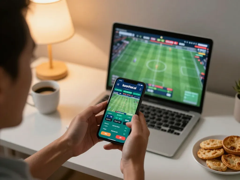 Engage in live sports betting using the keonhacai app on a smartphone in a cozy home setting.