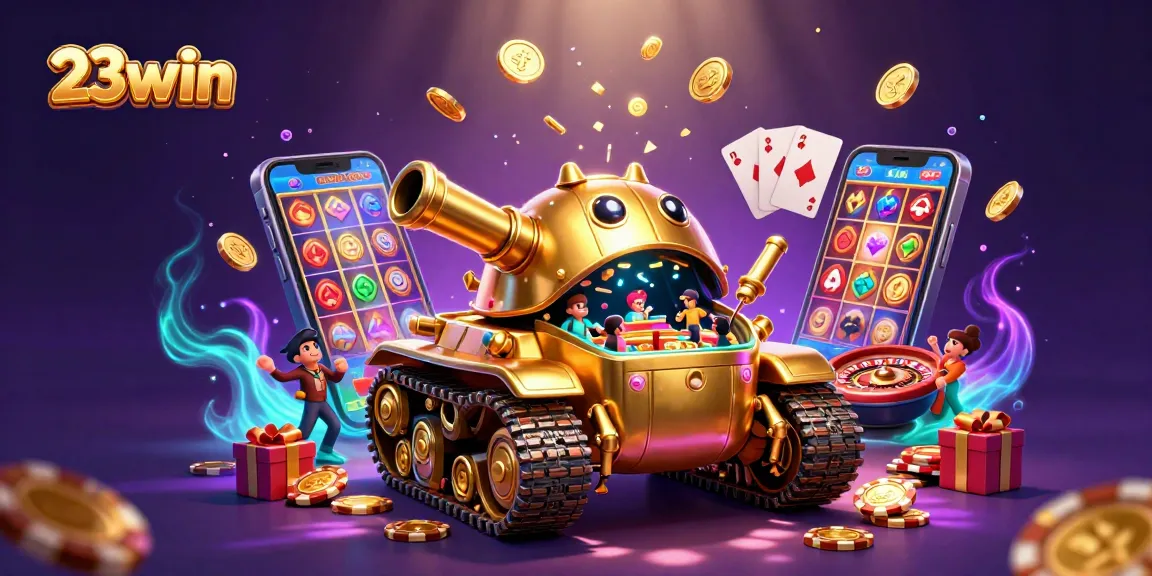 Experience 23win with a 3D casino scene filled with games, gold coins, and excitement.
