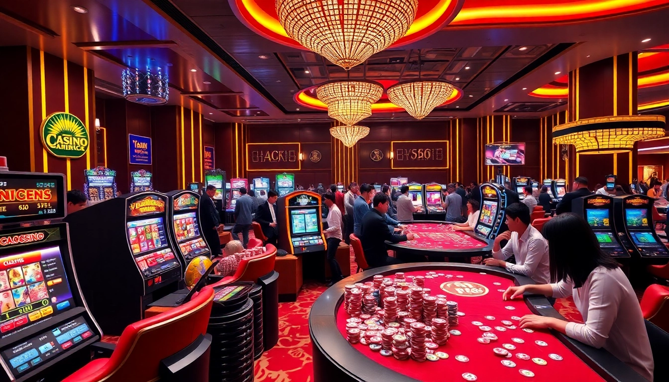 Engaging players enjoying classic casino games at RR88, surrounded by vibrant slot machines and poker chips.