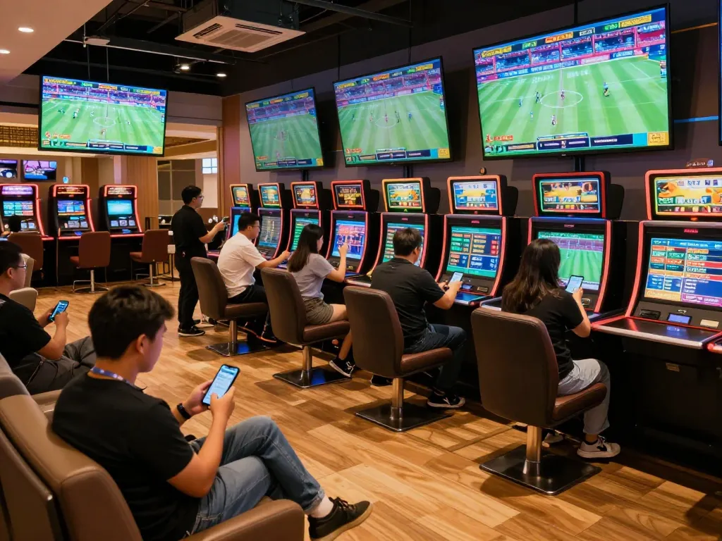 Betting on Keo nha cai 5 with sports fans placing wagers in a lively casino environment