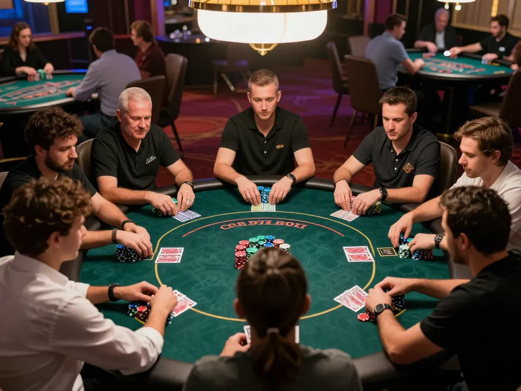 Players strategizing in an engaging poker game at luck8 com, showcasing vibrant atmosphere and excitement