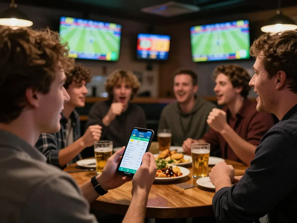 EE88 user placing live bets at a vibrant sports bar during a game with friends cheering