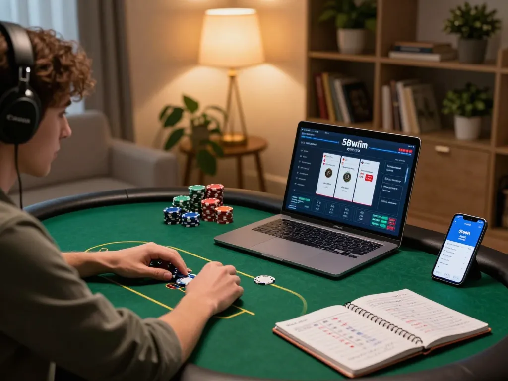 Player engaging in online poker on the 58wiin app, creating a cozy and strategic gaming atmosphere at home.