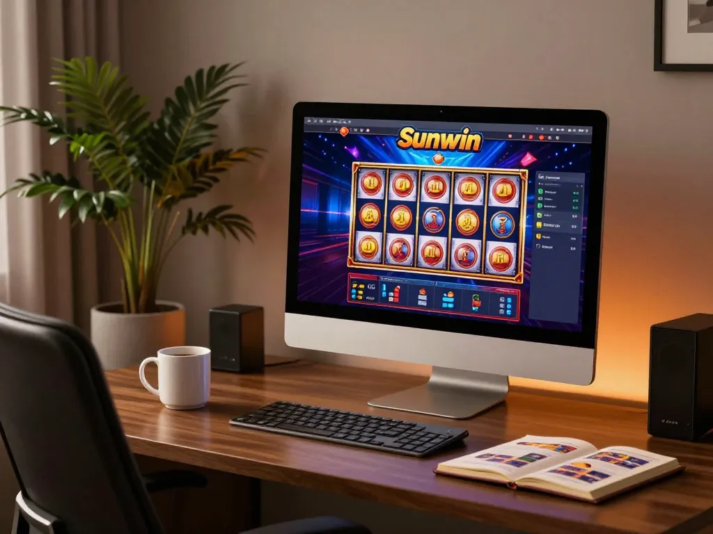 Engaging moment of Sunwin online gaming with a stylish desktop setup showcasing dynamic slot reels.