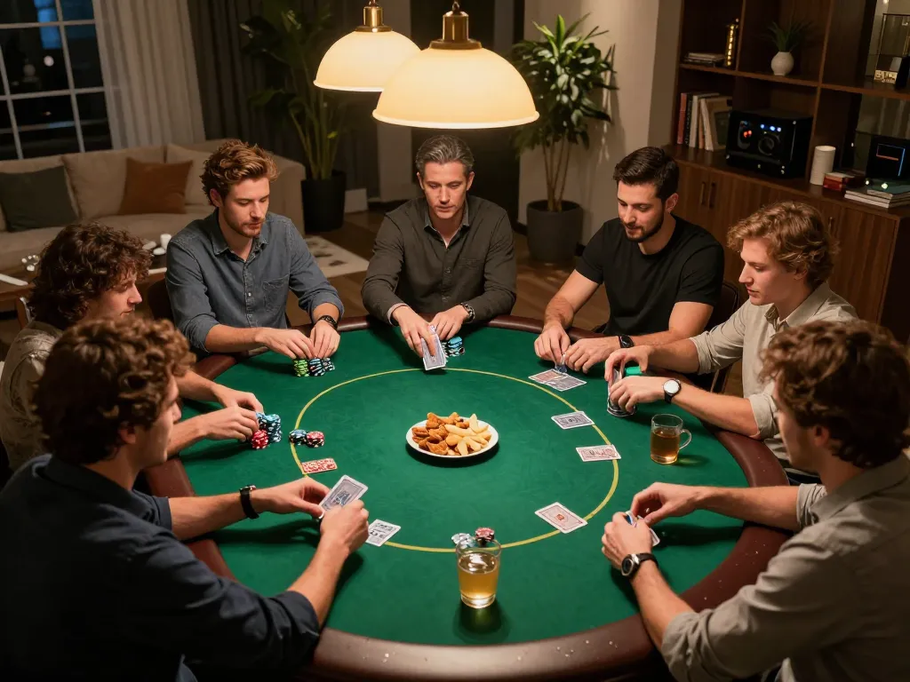 Players at a home poker night strategy session, showcasing ga6789 gaming tactics.