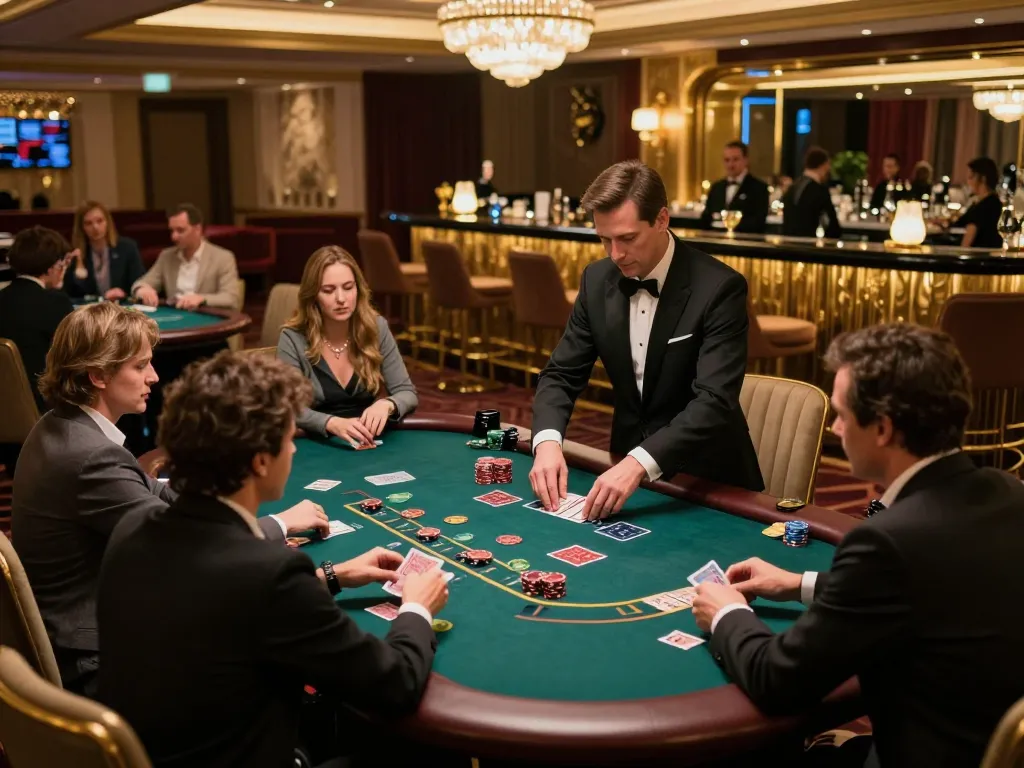 GO8 players making strategic bets at a high-stakes blackjack table in a luxurious casino.