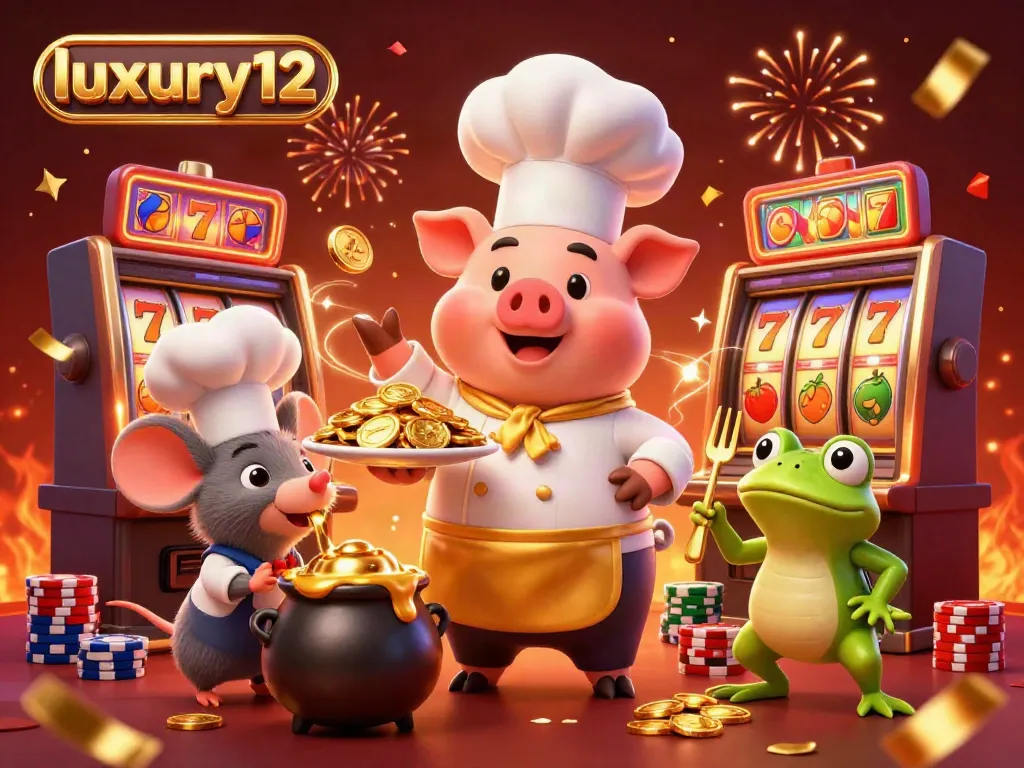 Experience luxury12 with a vibrant casino scene featuring a chef pig serving gold coins amidst slot machines and poker chips.