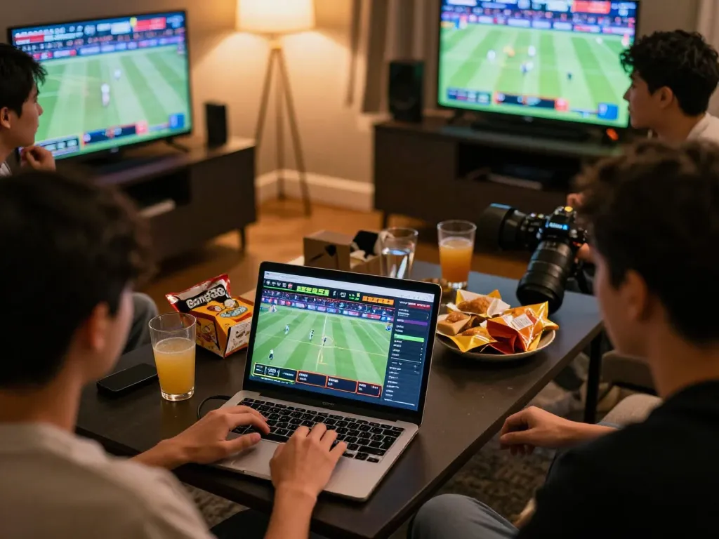 Bong88 sports betting action with friends using a laptop during live events