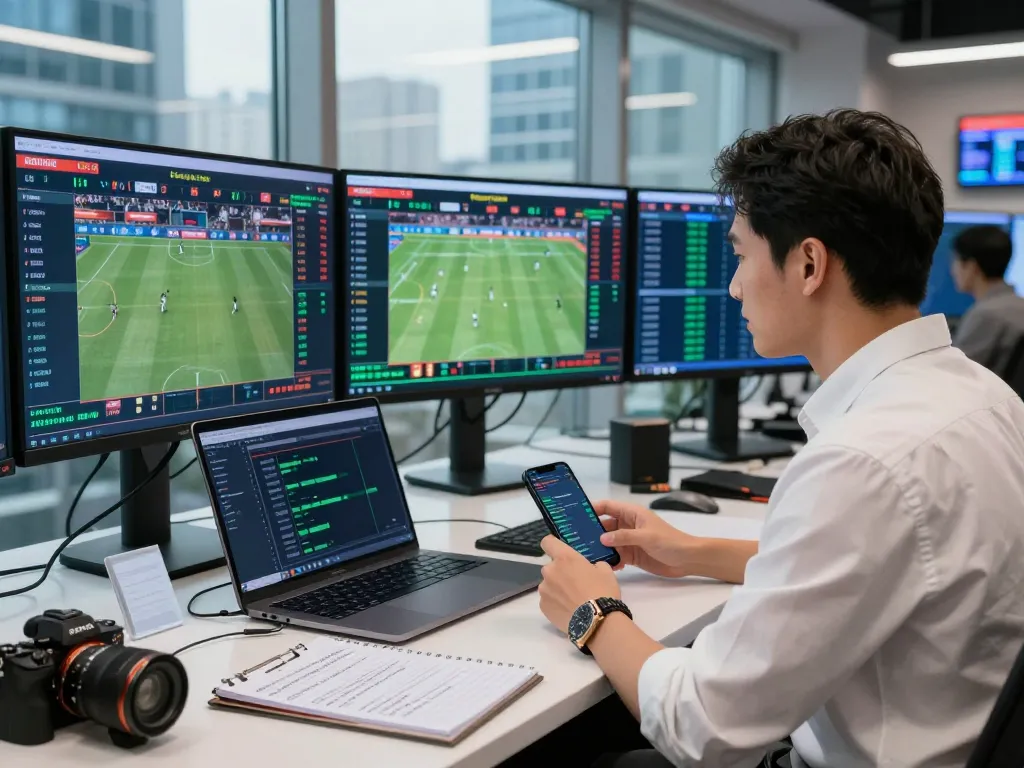 Sports analyst engaged with kèo nhà cái data on multiple screens, showcasing live betting insights and statistics.