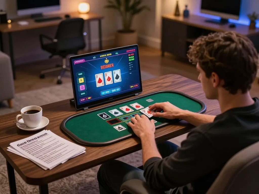 Player engaging in exciting online casino action at home using 33win on laptop