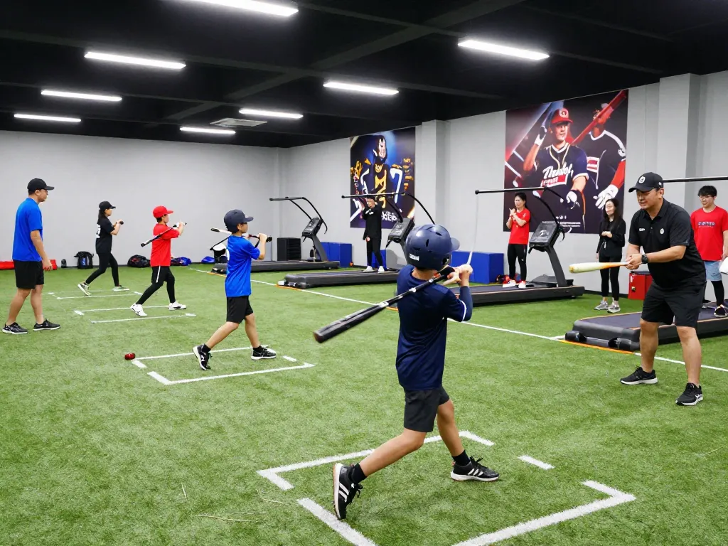 Hitclub baseball training facility with young athletes practicing swings, coaches guiding in dynamic indoor setting.