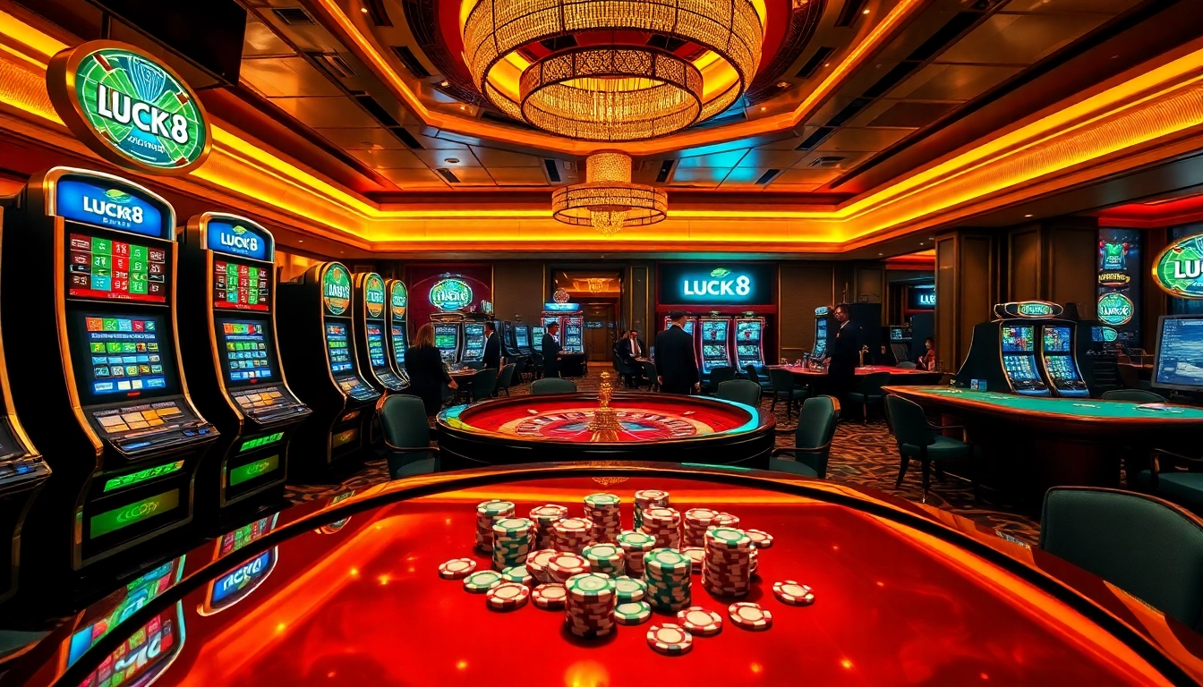 LUCK8 casino scene featuring slot machines and vibrant gaming tables.