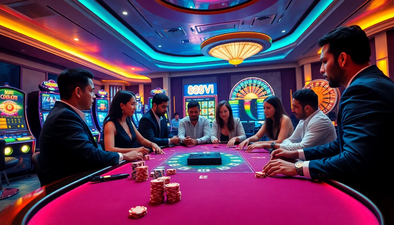 Exciting gambling action at 888VI casino, showcasing poker chips and cards on a professional table.