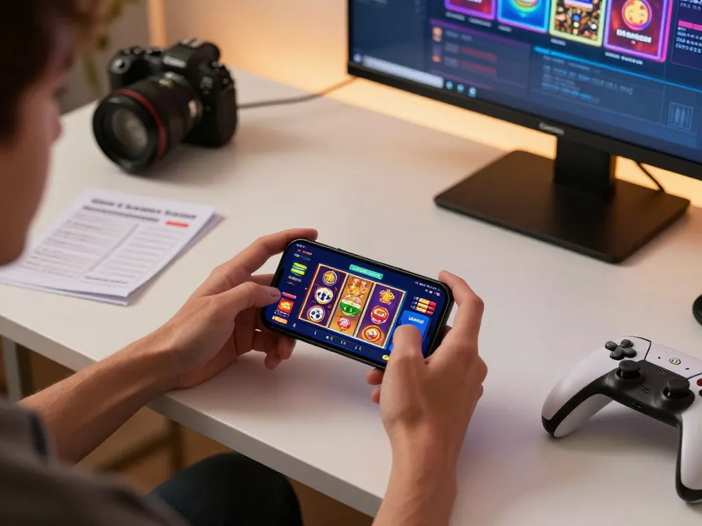 Player enjoying the kkbd mobile casino app on their smartphone in a cozy gaming setup.