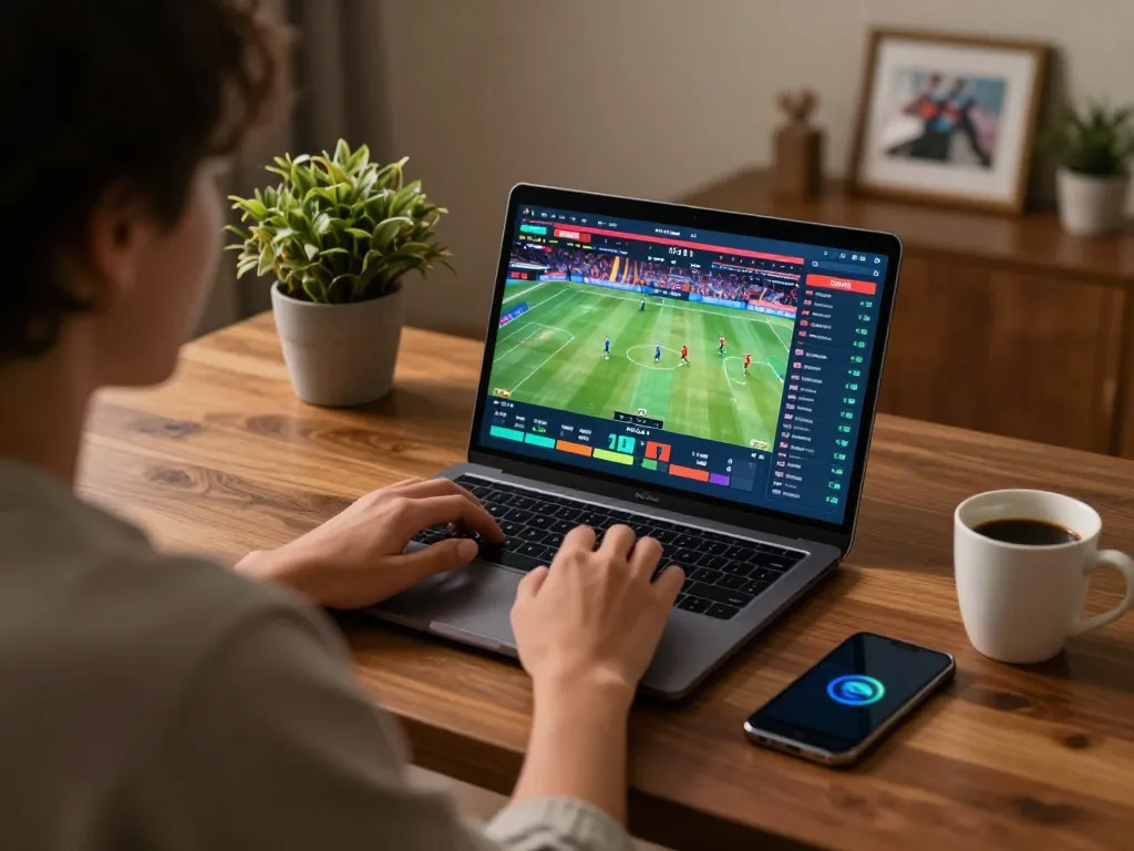 Engaged in online betting on hd88, player examines live sports match options on a laptop, capturing excitement of gaming.