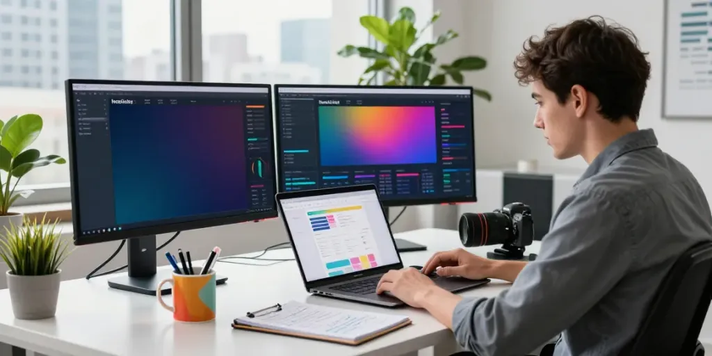 Digital marketing workspace showcasing instant indexing strategies with multiple monitors and a vibrant atmosphere.