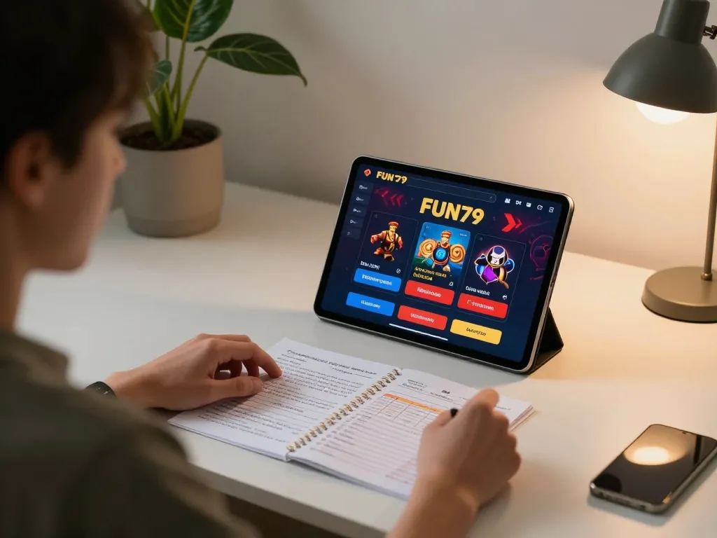 A person engaging with the FUN79 platform on a tablet, showcasing online gaming strategy.