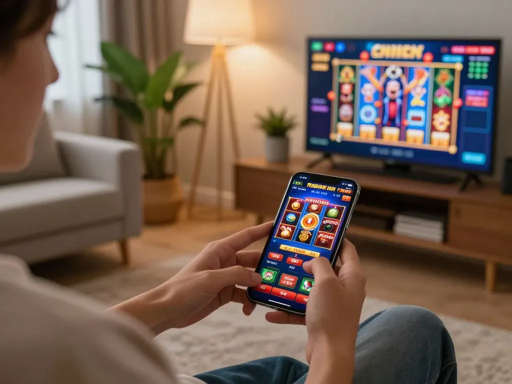 Player enjoys thrilling slots on mobile app vuabet88i, celebrating a win in cozy home setting