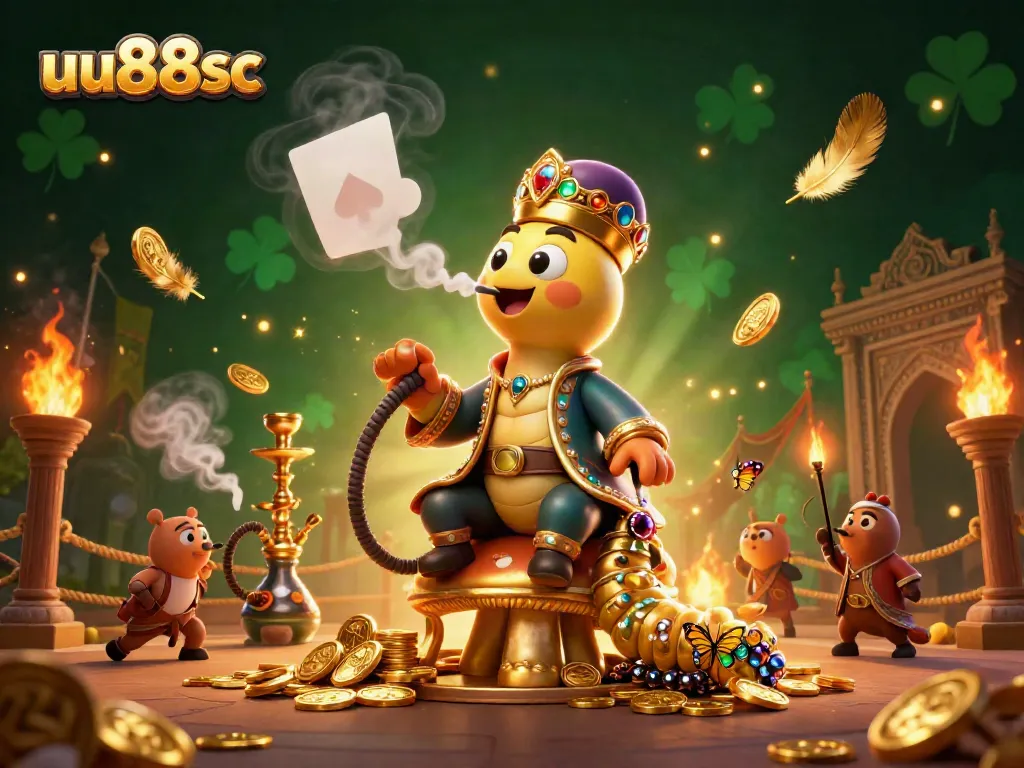 Engage with thrilling games at uu88sc, as vibrant casino elements surround a whimsical caterpillar master character.