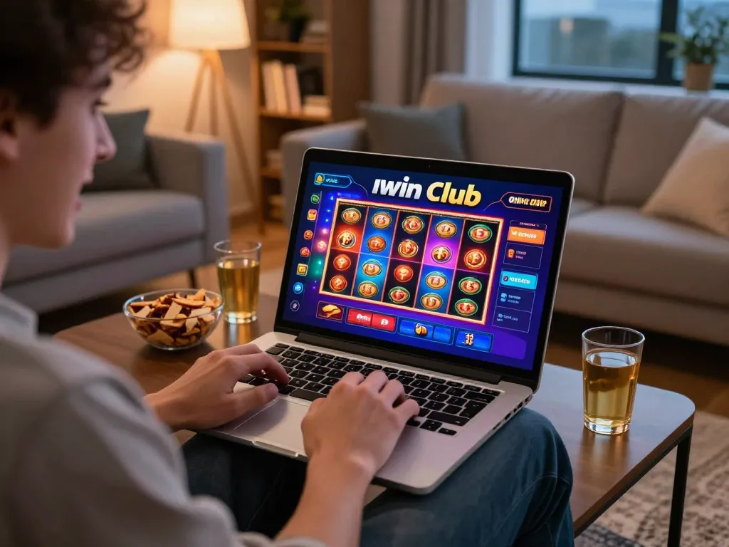 Engaged player enjoying the Iwin Club online casino on a laptop in a cozy living room environment.