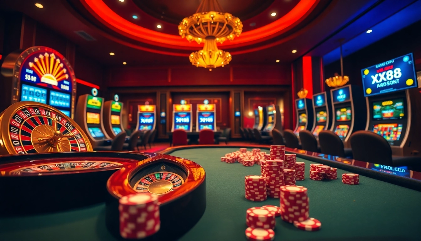 Players enjoying the excitement of XX88 COM in a luxurious online casino environment with roulette and slot machines.