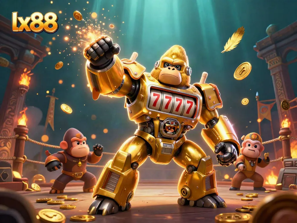 Experience exciting gaming action at lx88 with a golden gorilla mech surrounded by vibrant casino elements.