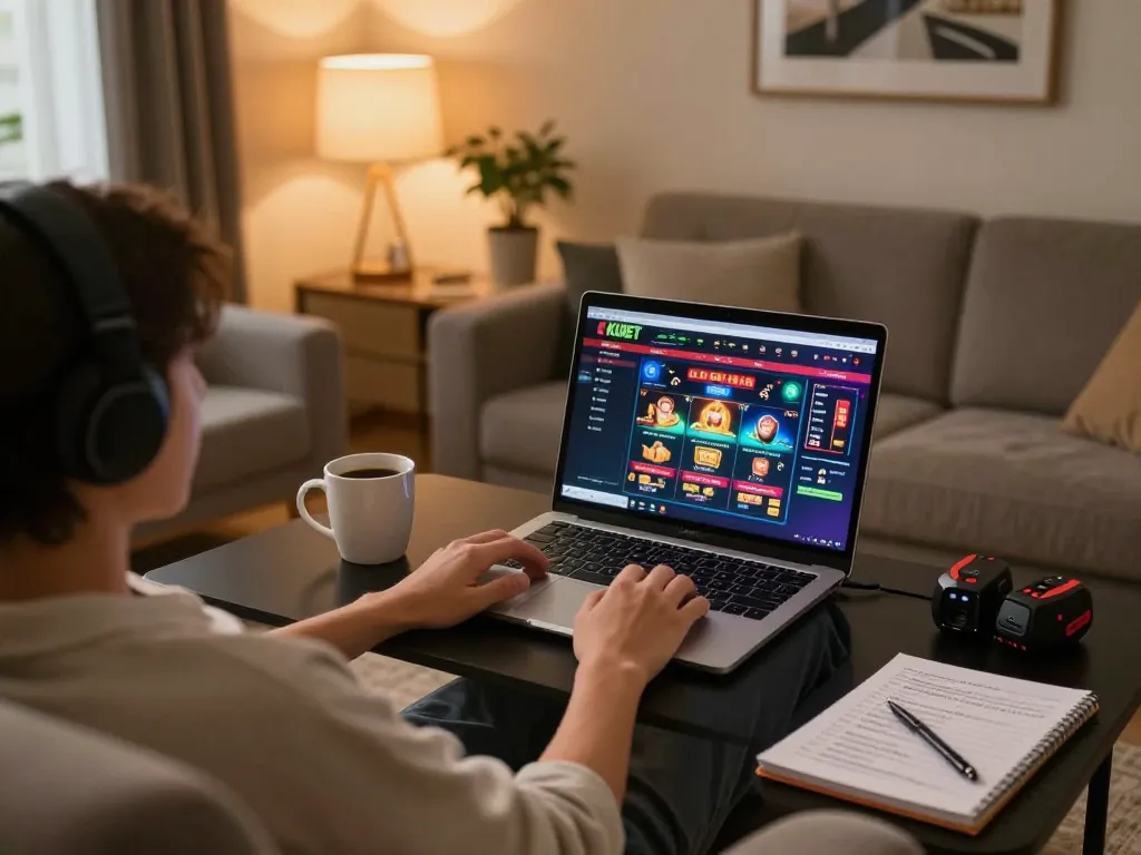 KUBET online gaming setup with vibrant casino games displayed on laptop, cozy home atmosphere