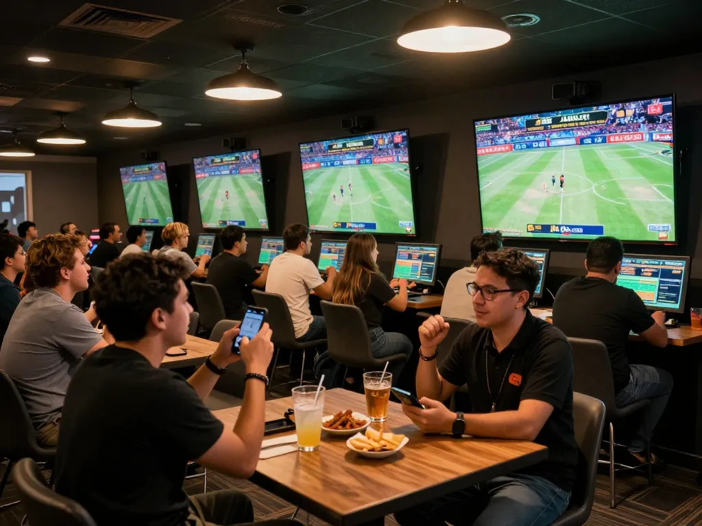 Fans actively placing bets on J88.com during a live sports event in an energetic betting lounge.