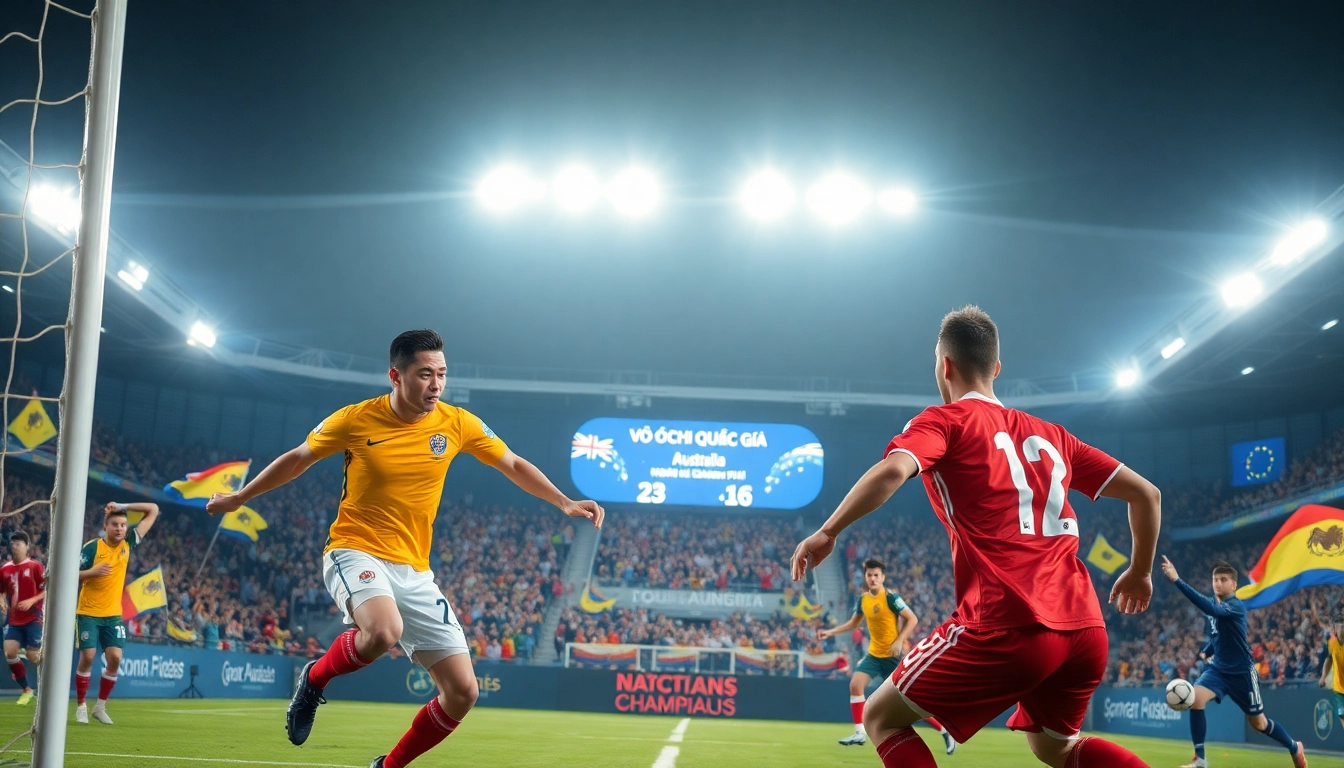 Thrilling soccer action at the Vô Địch Quốc Gia Australia match with players competing in the stadium.