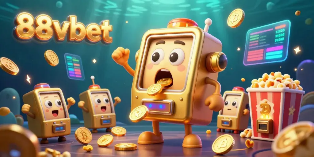 Experience the thrill of 88vbet with a lively golden slot machine hitting the jackpot amidst cheering companions and swirling coins.