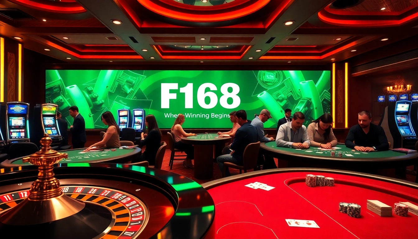 Experience the thrill of winning at f168 with players enjoying poker and roulette in a vibrant casino atmosphere.