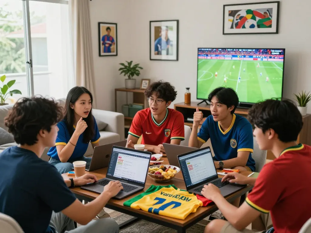 Engaging friends discussing strategies for vaobong88 1gom sports betting in a lively living room.