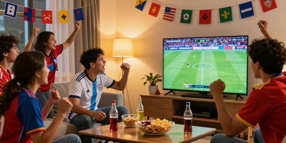 Cakhia TV soccer fan watching a live match with friends, showcasing excitement and engagement.