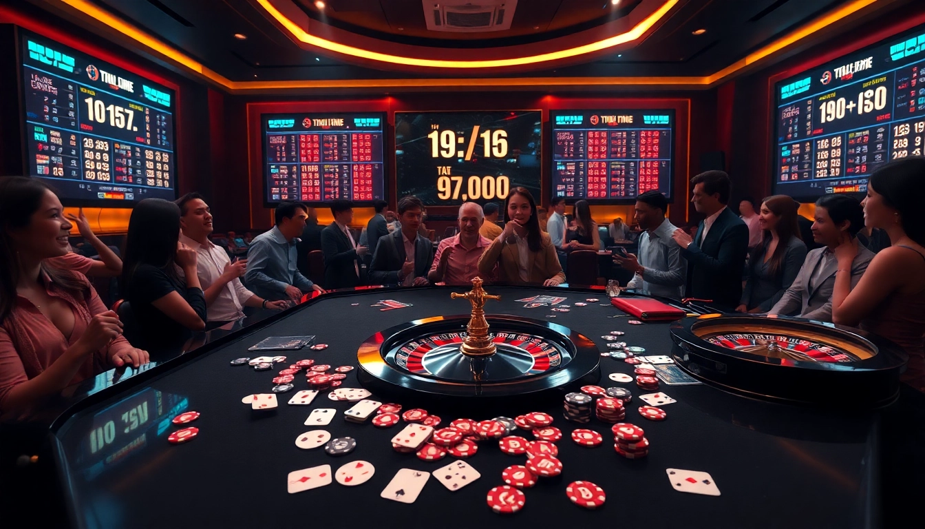 Tỷ lệ kèo odds displayed among excited bettors in a luxurious casino setting.