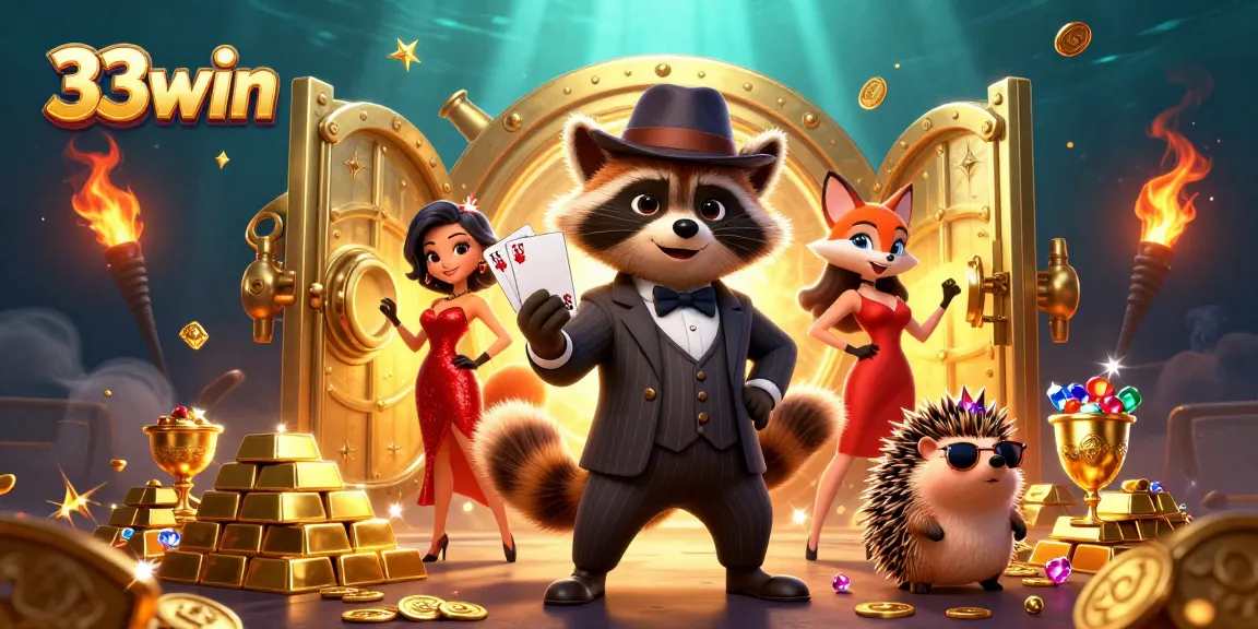 Experience exhilarating wins with the 33win raccoon showcasing a royal flush amidst vibrant casino treasures.