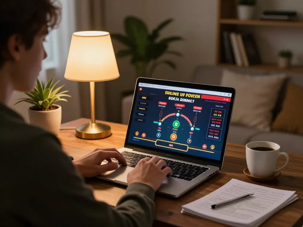An engaged player at 68win focusing on poker strategy in a cozy home setting.
