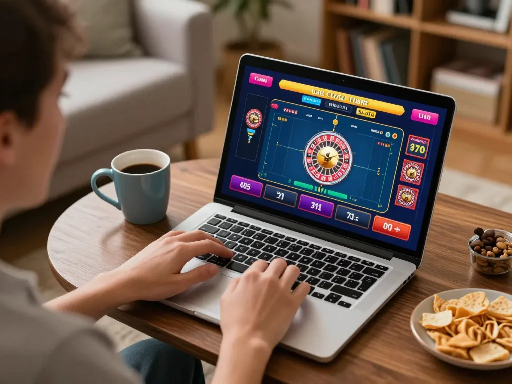 Player experiencing the thrill of live casino games with Fly88, using a laptop in a cozy home setting.
