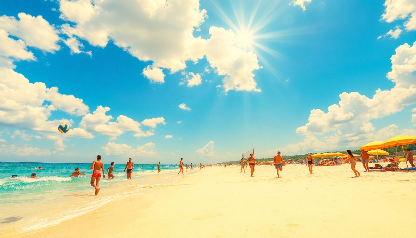 Vibrant summer beach scene depicting Nắng Cực, with joyful people enjoying the sun and ocean activities.